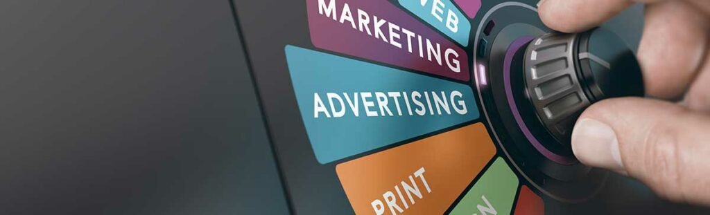 hand turning a switch to select a marketing and communication strategy. advertising solutions concept.